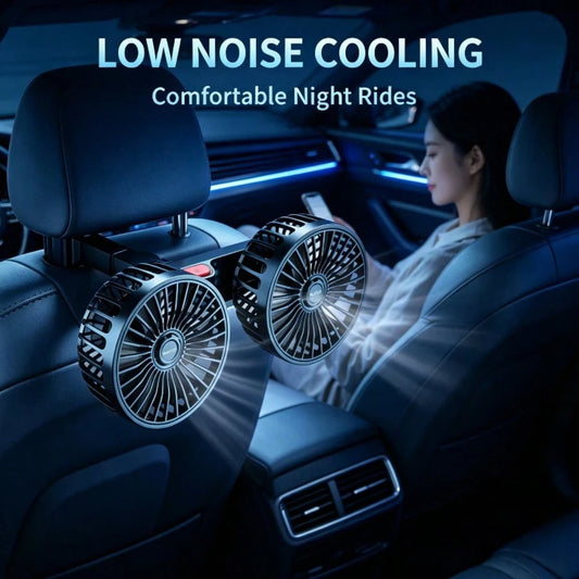 Double-Head Vehicle Rear Seat Fan, 360° Rotating USB-Powered Vehicle Cooling Fan, 120° Adjustable Fan Head, Silent Portable Fan