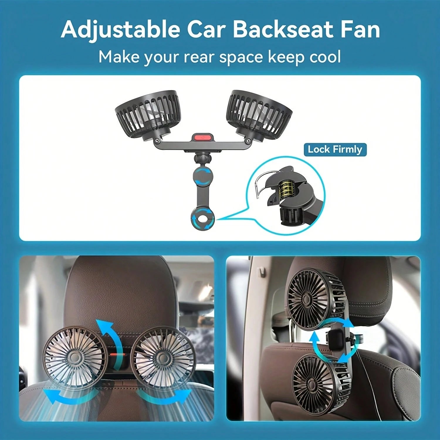 Double-Head Vehicle Rear Seat Fan, 360° Rotating USB-Powered Vehicle Cooling Fan, 120° Adjustable Fan Head, Silent Portable Fan