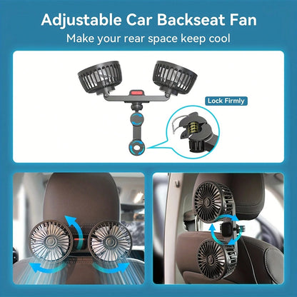 Double-Head Vehicle Rear Seat Fan, 360° Rotating USB-Powered Vehicle Cooling Fan, 120° Adjustable Fan Head, Silent Portable Fan