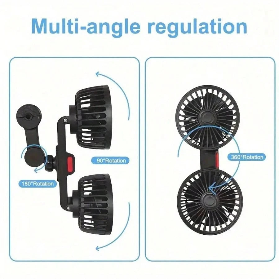 Double-Head Vehicle Rear Seat Fan, 360° Rotating USB-Powered Vehicle Cooling Fan, 120° Adjustable Fan Head, Silent Portable Fan