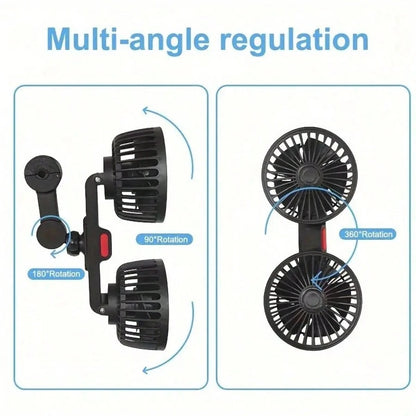 Double-Head Vehicle Rear Seat Fan, 360° Rotating USB-Powered Vehicle Cooling Fan, 120° Adjustable Fan Head, Silent Portable Fan