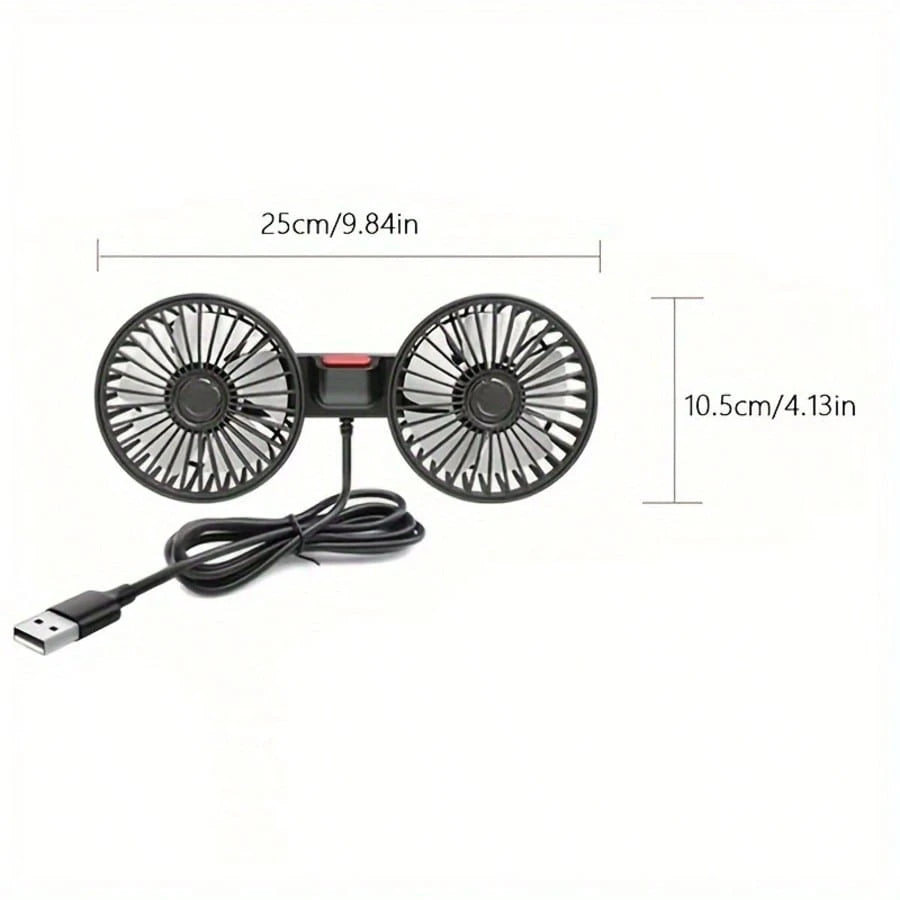 Double-Head Vehicle Rear Seat Fan, 360° Rotating USB-Powered Vehicle Cooling Fan, 120° Adjustable Fan Head, Silent Portable Fan