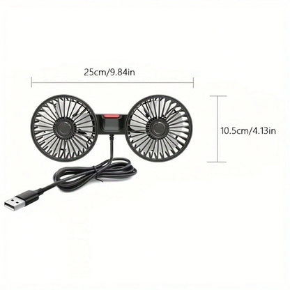 Double-Head Vehicle Rear Seat Fan, 360° Rotating USB-Powered Vehicle Cooling Fan, 120° Adjustable Fan Head, Silent Portable Fan
