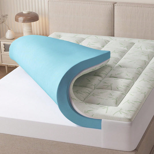 Double Layer Mattress Topper| 4 Inch Total 2in Gel Memory Foam+2in Cool Breathable Pillow Top, Medium Firm Pain Relief Bed Cushion, Bedroom Indoor Comfort Sleeping Pad