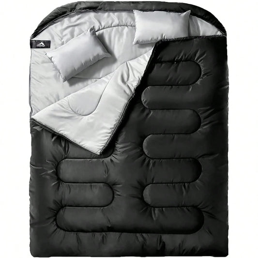 Double Sleeping Bag For Adults Mens With Pillow, XL Queen Size Two Person Sleeping Bag For All Season Camping Hiking Backpacking 2 Person Sleeping Bags For Cold Weather & Warm