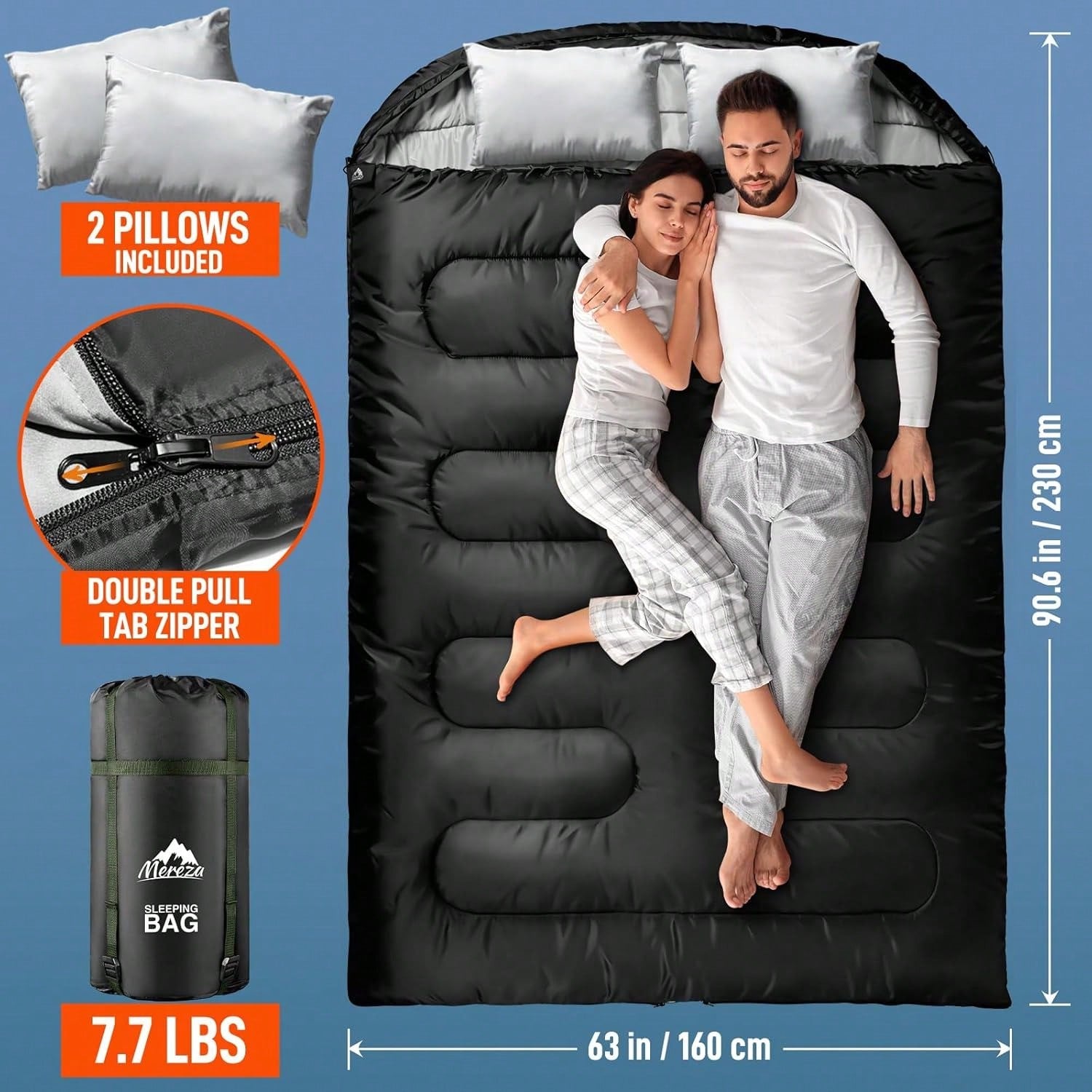 Double Sleeping Bag For Adults Mens With Pillow, XL Queen Size Two Person Sleeping Bag For All Season Camping Hiking Backpacking 2 Person Sleeping Bags For Cold Weather & Warm