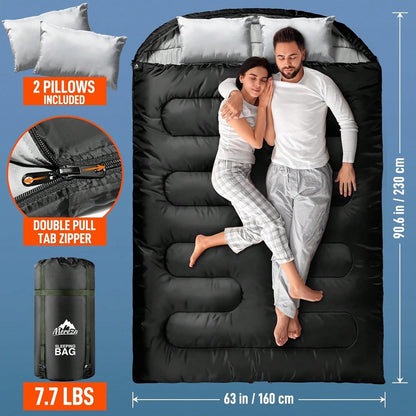 Double Sleeping Bag For Adults Mens With Pillow, XL Queen Size Two Person Sleeping Bag For All Season Camping Hiking Backpacking 2 Person Sleeping Bags For Cold Weather & Warm