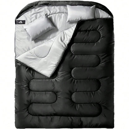 Double Sleeping Bag For Adults Mens With Pillow, XL Queen Size Two Person Sleeping Bag For All Season Camping Hiking Backpacking 2 Person Sleeping Bags For Cold Weather & Warm