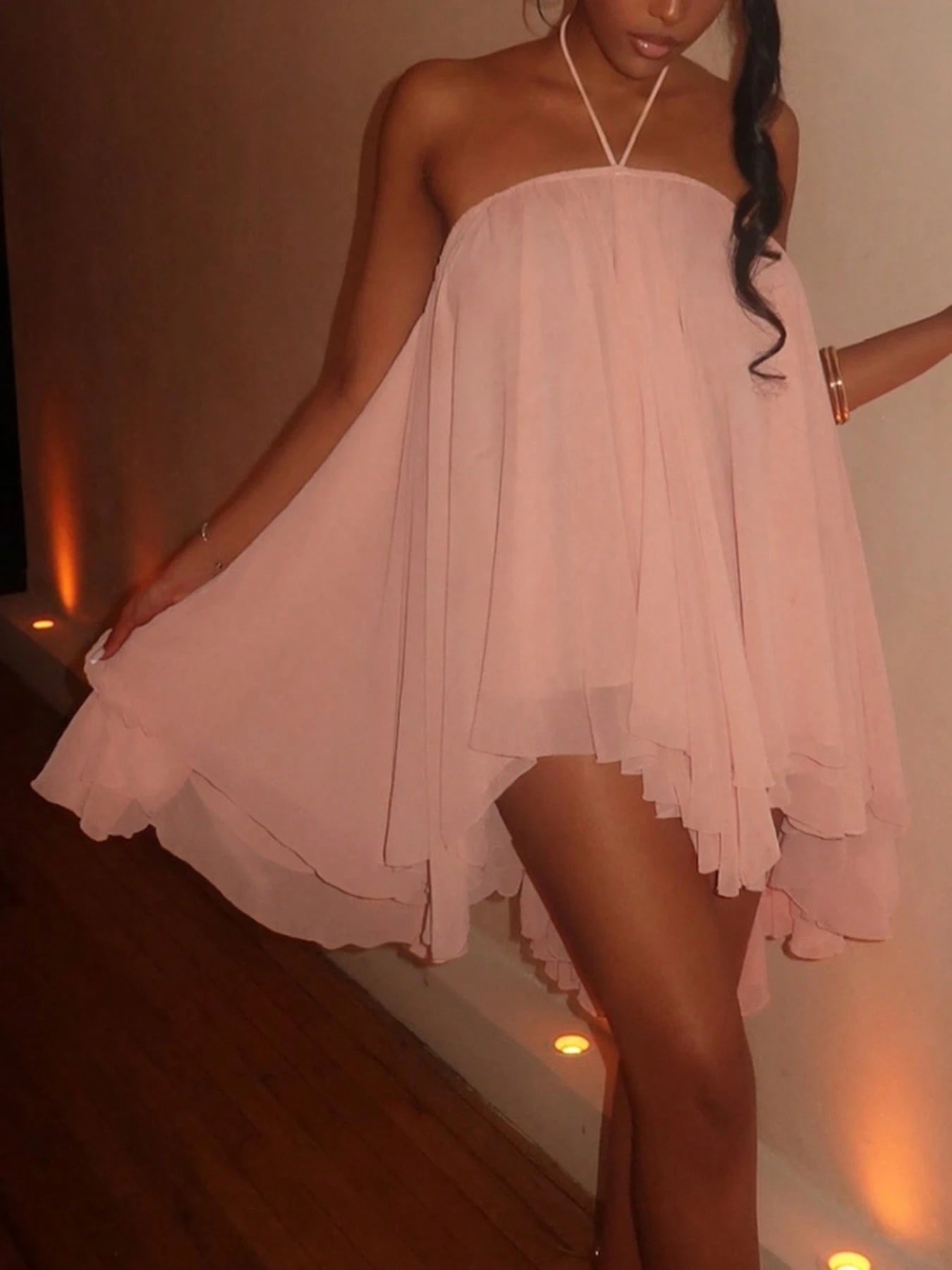DOUCIU Loose Fit Asymmetrical Lightweight Chiffon Fluid Cami Dress Nightclub Style