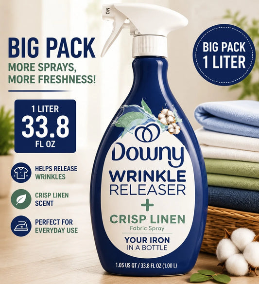Downy Crisp Linen Wrinkle Releaser Spray- 33.8oz: Dye-Free, Ready To Use, Anti-Static, Locking Lid,Wrinkle Remover, Static Remover, Odor Eliminator, Fabric Refresher, Ironing Aid Try It On Curtains