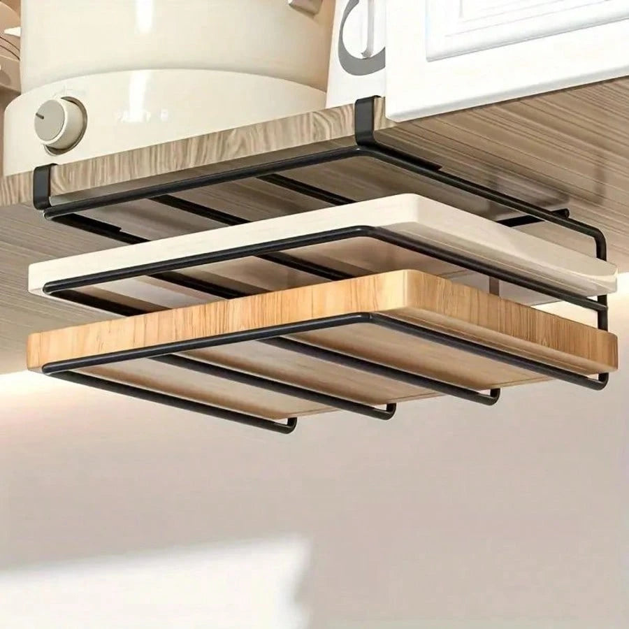 Drill-Free Under Cabinet Storage Rack, Multi-Functional Kitchen Cutting Board Holder, Can Store Pot Lids, Baking Molds And Kitchen Utensils