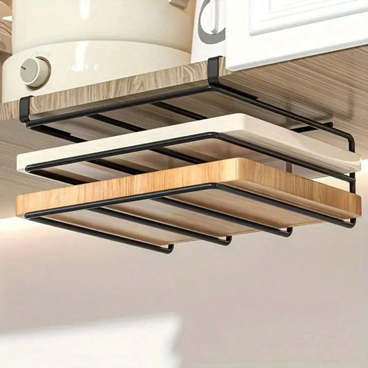 Drill-Free Under Cabinet Storage Rack, Multi-Functional Kitchen Cutting Board Holder, Can Store Pot Lids, Baking Molds And Kitchen Utensils