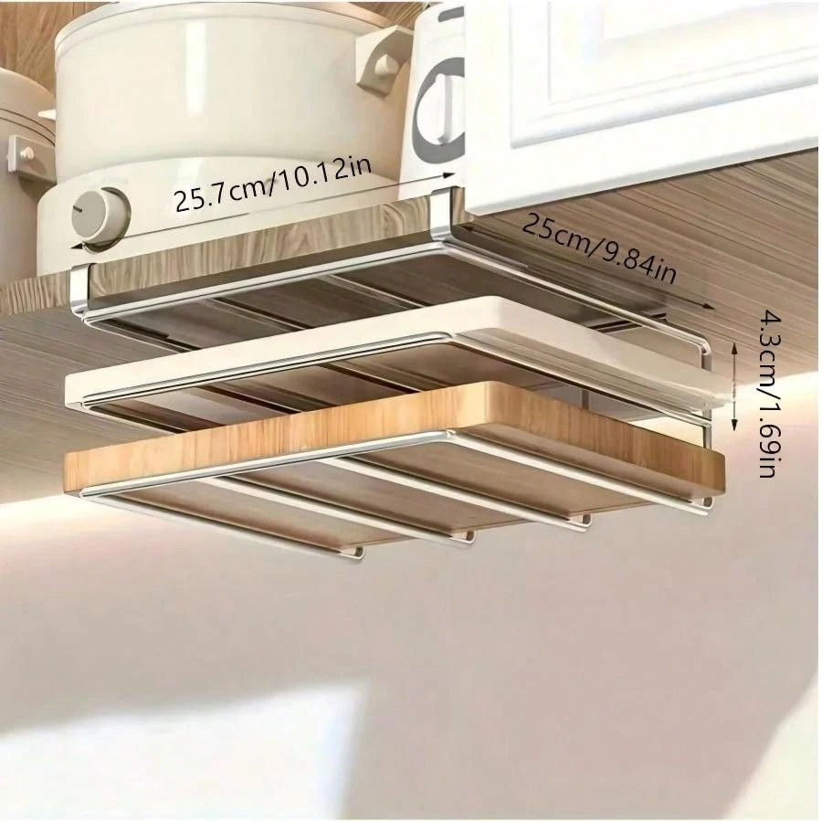 Drill-Free Under Cabinet Storage Rack, Multi-Functional Kitchen Cutting Board Holder, Can Store Pot Lids, Baking Molds And Kitchen Utensils