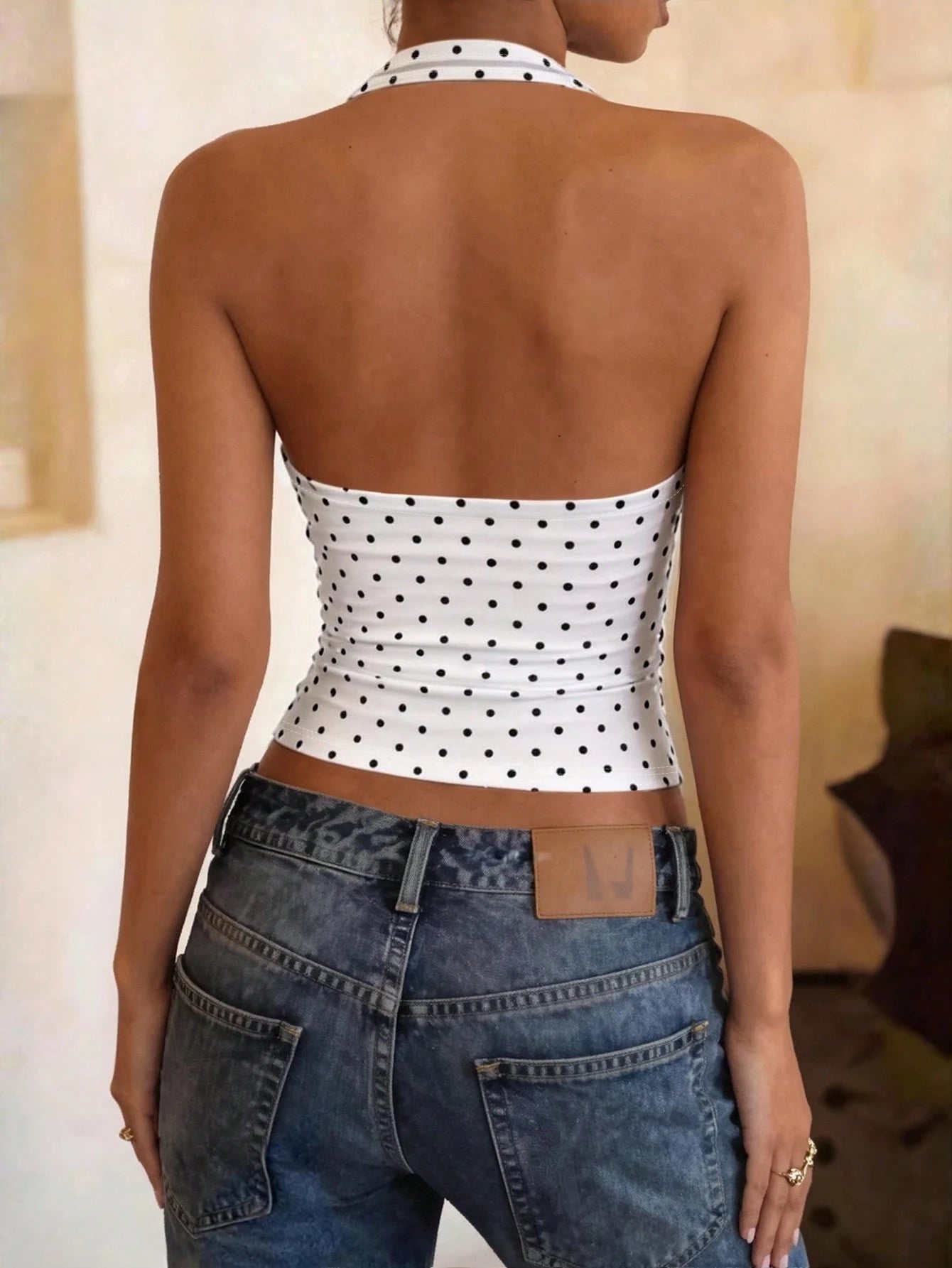 DrmWander Women's Summer Casual Polka Dot Print Bodycon Halter Neck Camisole