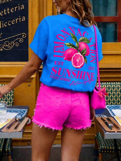DrmWander Women's T-Shirt, Women's T-Shirt Streetwear Tropical Top, Street Style, Graphic Short Sleeve T-Shirt, Cute Summer Top Vacation Yellow
