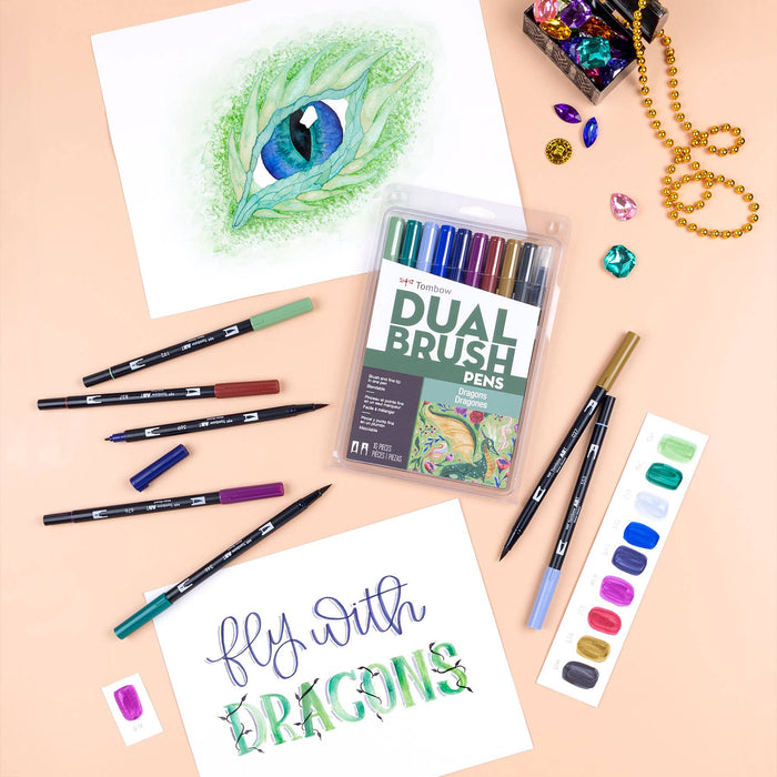 Dual Brush Pen Art Markers, Dragons, 10-Pack