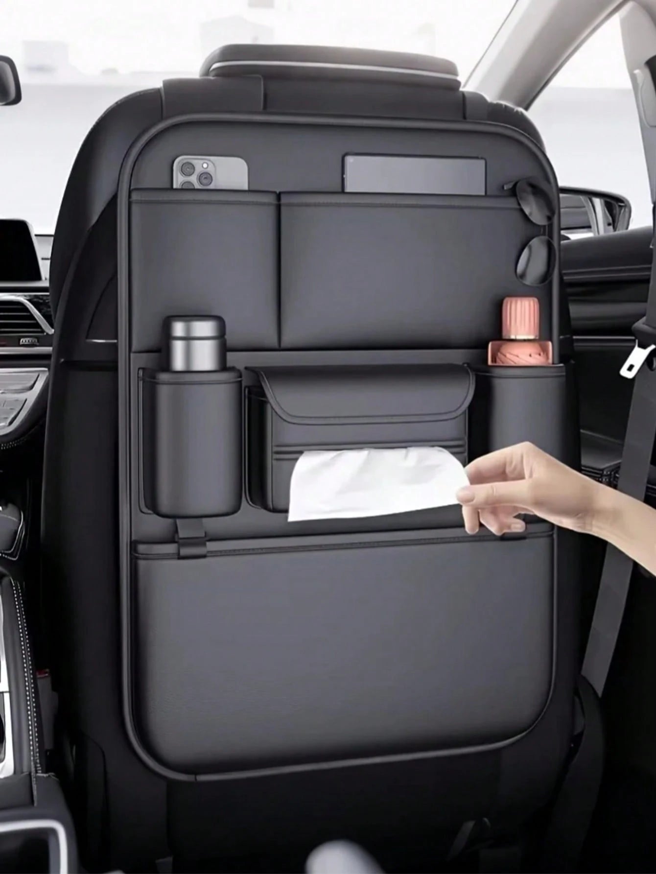 Durable Faux Leather Car Seat Back Storage Box- Multifunctional Durable Storage Box With Laptop Compartment, Cup Holder, Etc., Suitable For SUV And Sedan, Ideal Gift For Drivers, Essential Car Storag