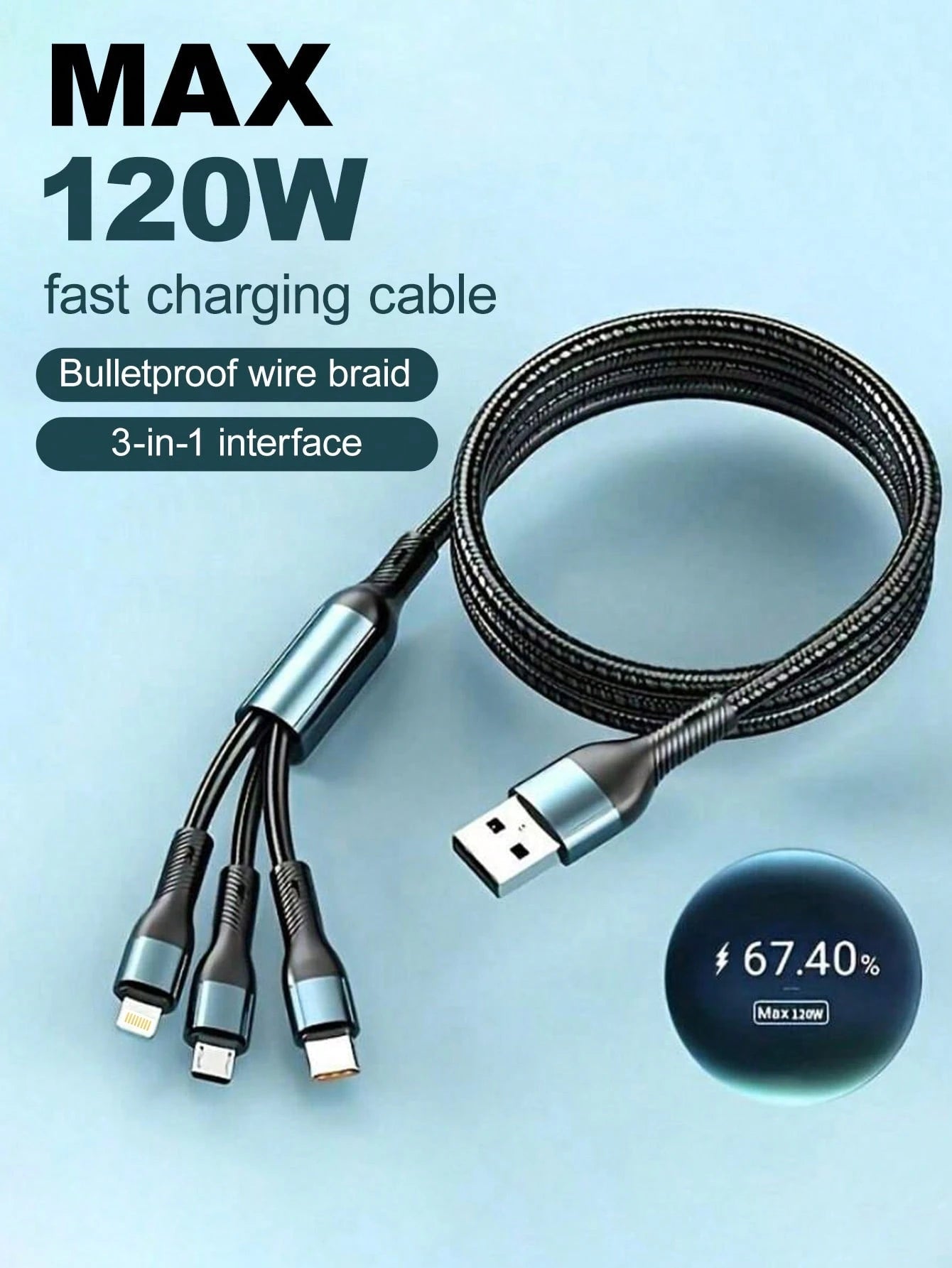 Durcord MFI Certified 3-In-1 Multi-Function Charging Cable, Up To 120W, Supports Type-C Fast Charging, Perfect For IPhone, Android Phones And Tablets, Compatible With IPhone 16/15/14/13/12/11, S24/S23