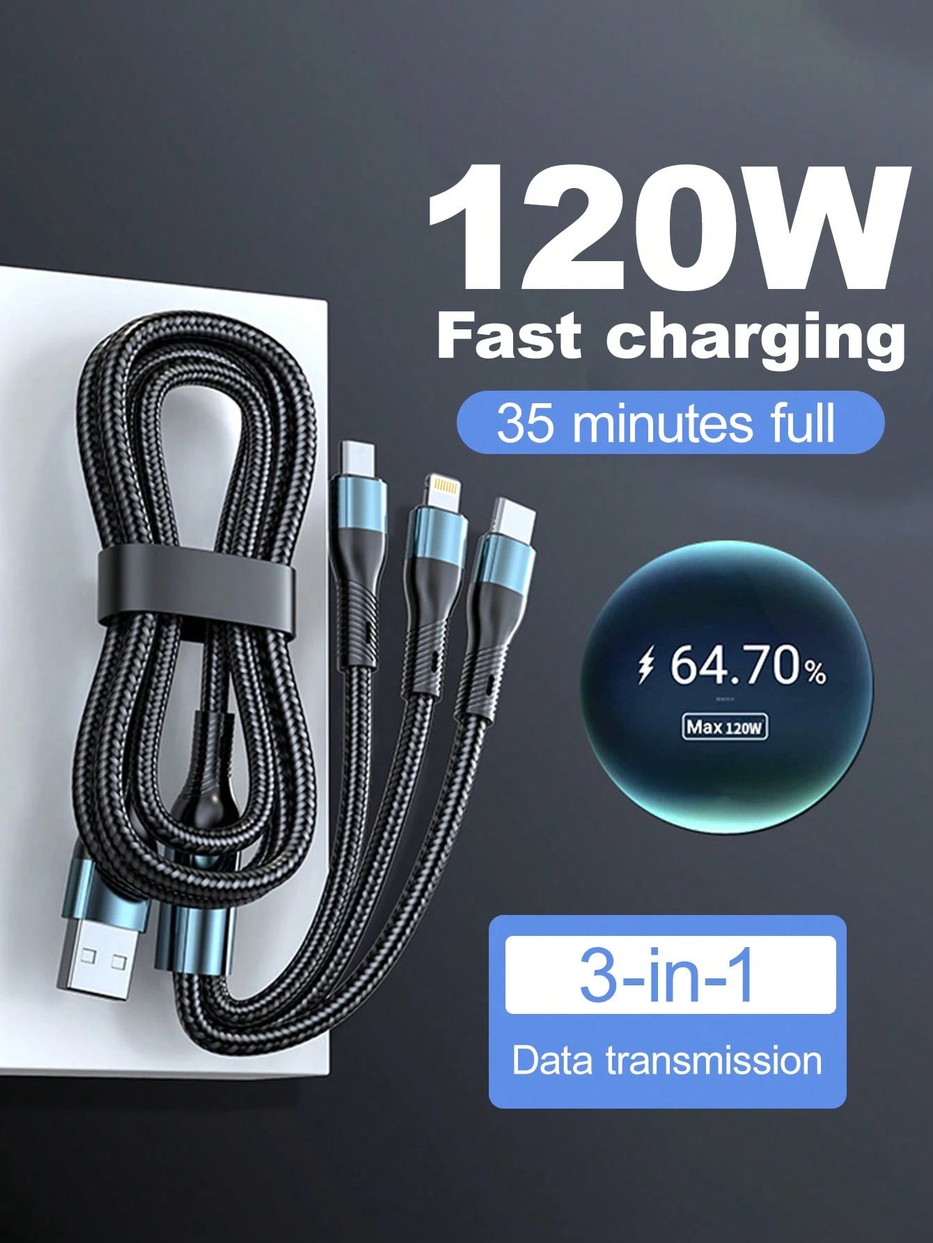 Durcord MFI Certified 3-In-1 Multi-Function Charging Cable, Up To 120W, Supports Type-C Fast Charging, Perfect For IPhone, Android Phones And Tablets, Compatible With IPhone 16/15/14/13/12/11, S24/S23