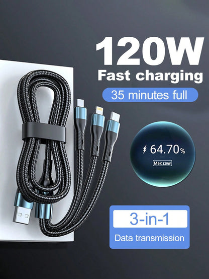 Durcord MFI Certified 3-In-1 Multi-Function Charging Cable, Up To 120W, Supports Type-C Fast Charging, Perfect For IPhone, Android Phones And Tablets, Compatible With IPhone 16/15/14/13/12/11, S24/S23