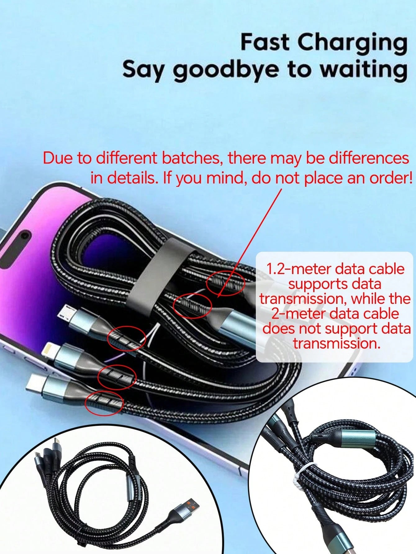 Durcord MFI Certified 3-In-1 Multi-Function Charging Cable, Up To 120W, Supports Type-C Fast Charging, Perfect For IPhone, Android Phones And Tablets, Compatible With IPhone 16/15/14/13/12/11, S24/S23