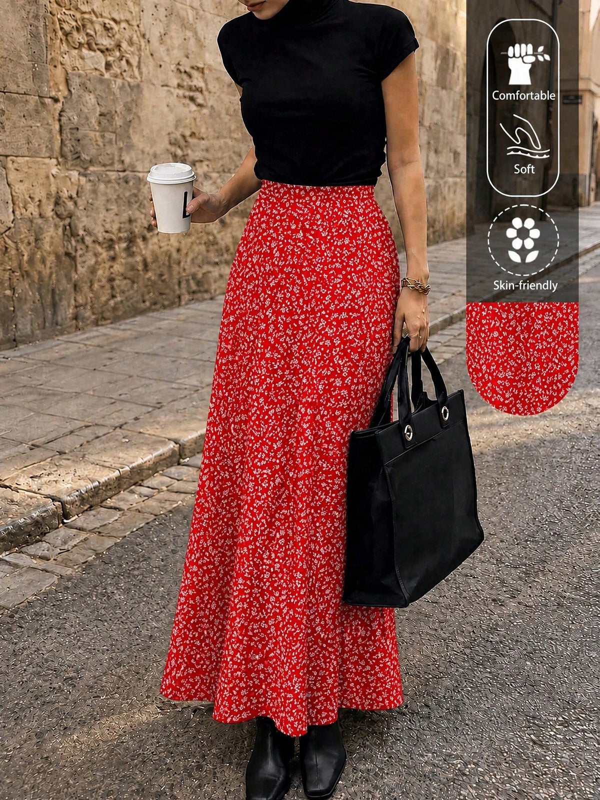 EARO Women's Spring/Summer Ditsy Floral High Waist Flowy Chiffon Skirt, Casual Outdoor Vacation