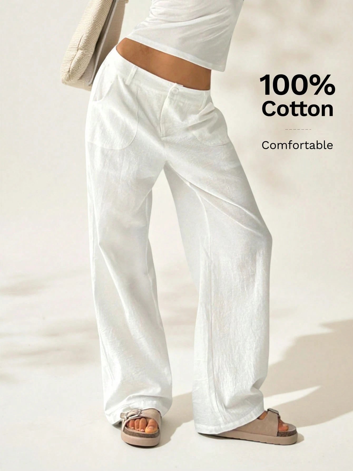 Easelle Casual Solid Color Loose Low Waist Wide-Leg Pants