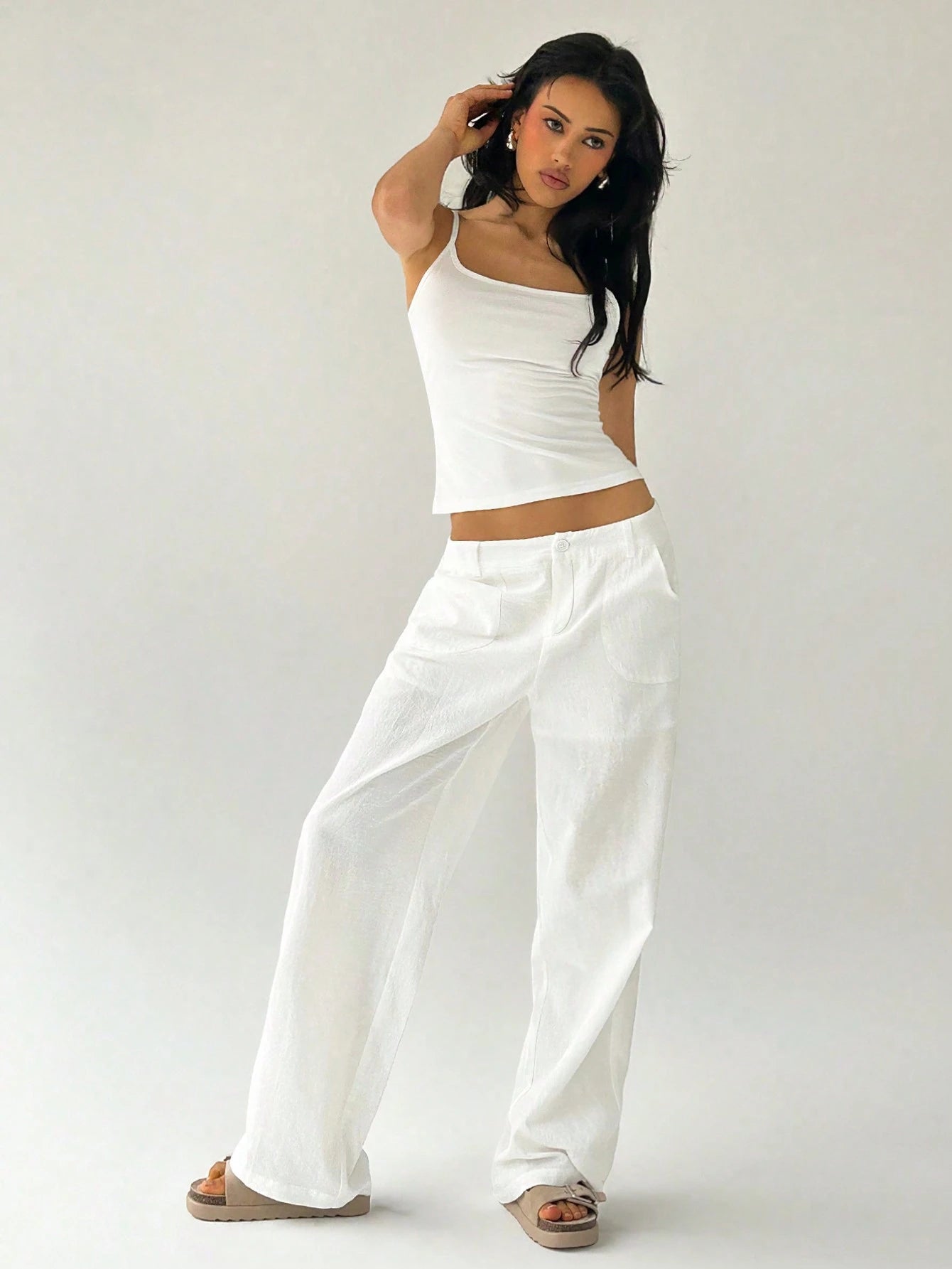 Easelle Casual Solid Color Loose Low Waist Wide-Leg Pants