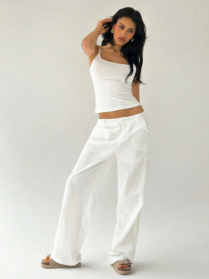 Easelle Casual Solid Color Loose Low Waist Wide-Leg Pants