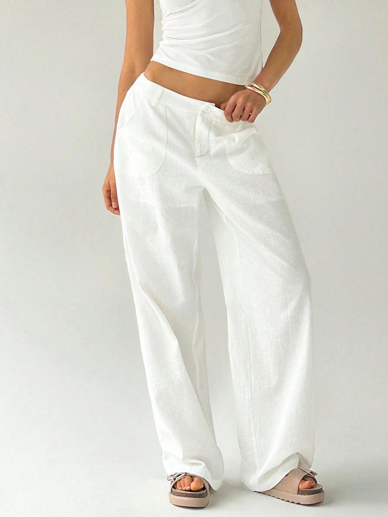 Easelle Casual Solid Color Loose Low Waist Wide-Leg Pants