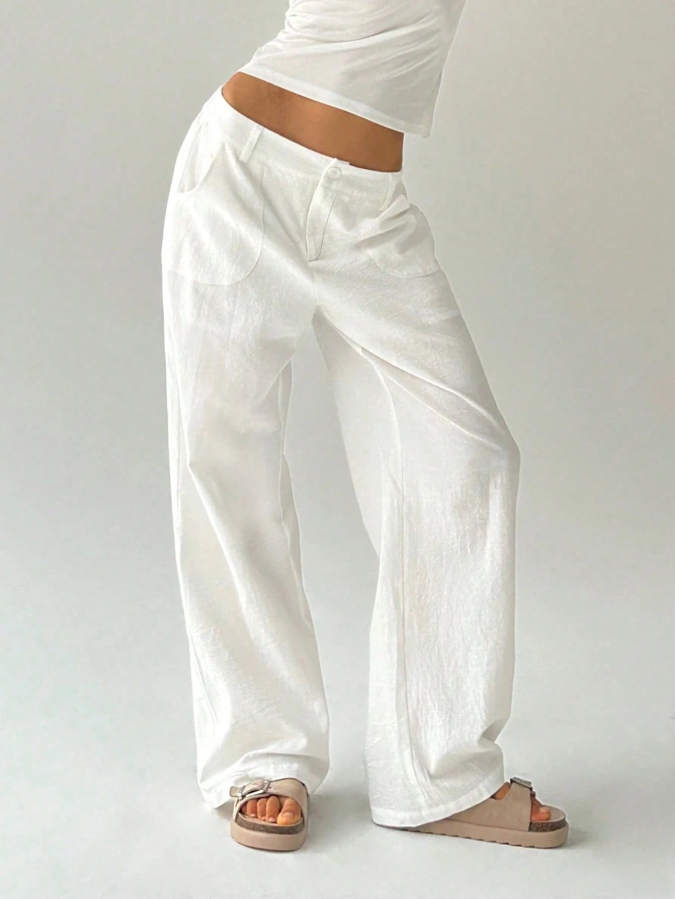 Easelle Casual Solid Color Loose Low Waist Wide-Leg Pants