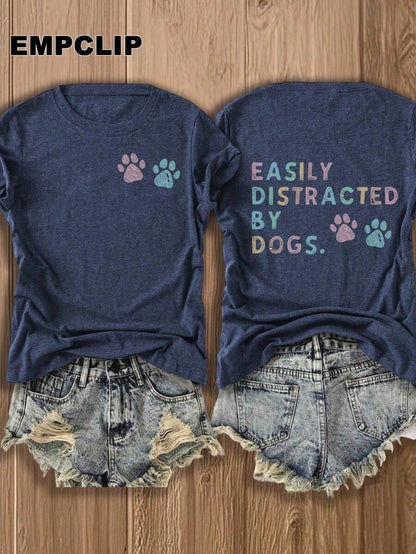 Easily Distracted By Dogs Tee,Dog Lover Shirt,Summer T-Shirts,Plus Size,100% Cotton Paw Print Casual Top Teacher Shirts Back To School Shirts