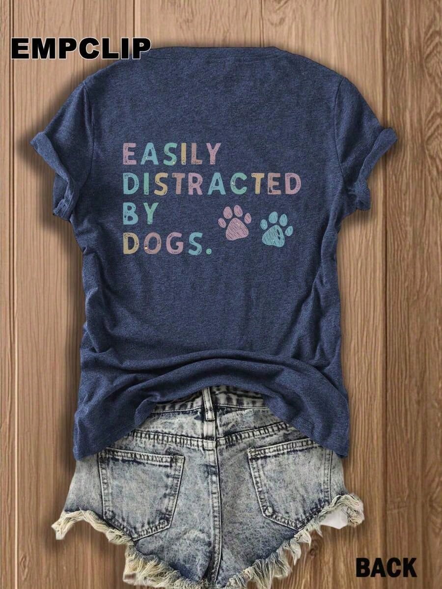 Easily Distracted By Dogs Tee,Dog Lover Shirt,Summer T-Shirts,Plus Size,100% Cotton Paw Print Casual Top Teacher Shirts Back To School Shirts