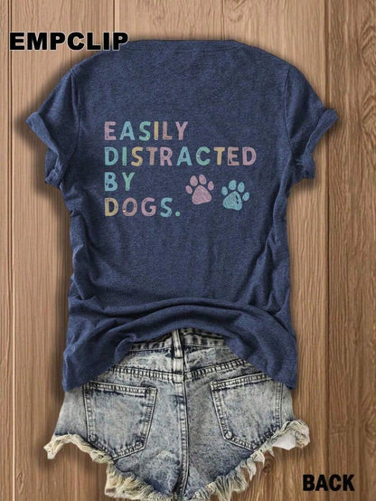 Easily Distracted By Dogs Tee,Dog Lover Shirt,Summer T-Shirts,Plus Size,100% Cotton Paw Print Casual Top Teacher Shirts Back To School Shirts