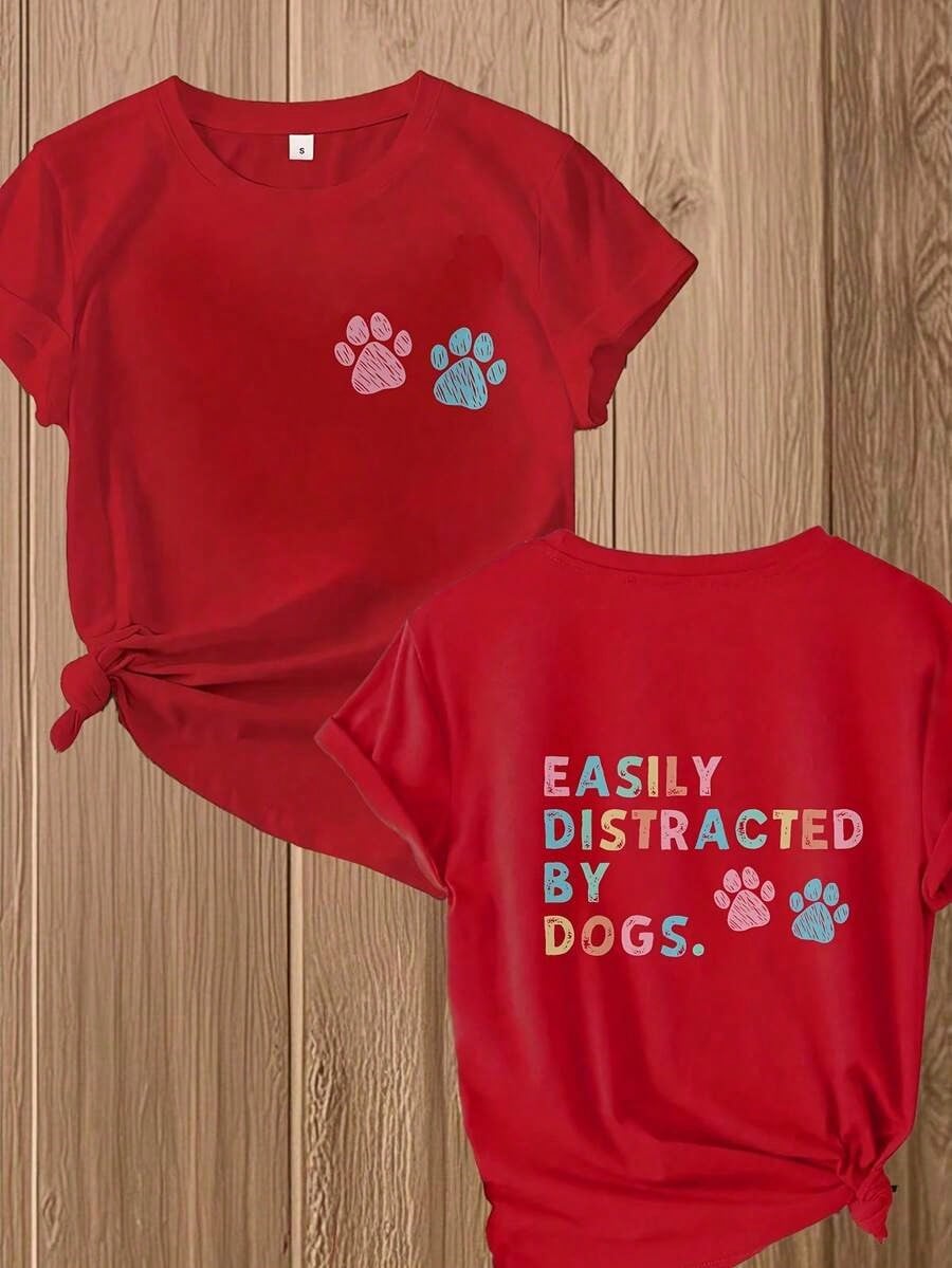 Easily Distracted By Dogs Tee,Dog Lover Shirt,Summer T-Shirts,Plus Size,100% Cotton Paw Print Casual Top Teacher Shirts Back To School Shirts