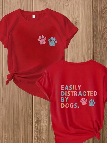 Easily Distracted By Dogs Tee,Dog Lover Shirt,Summer T-Shirts,Plus Size,100% Cotton Paw Print Casual Top Teacher Shirts Back To School Shirts
