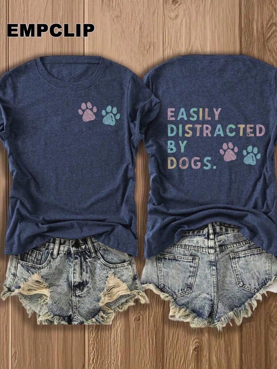 Easily Distracted By Dogs Tee,Dog Lover Shirt,Summer T-Shirts,Plus Size,100% Cotton Paw Print Casual Top Teacher Shirts Back To School Shirts