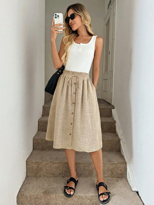 Easowa Khaki Summer Casual Vacation Holiday A-Line Skirt, Loose Fit Women Vacation Skirt New
