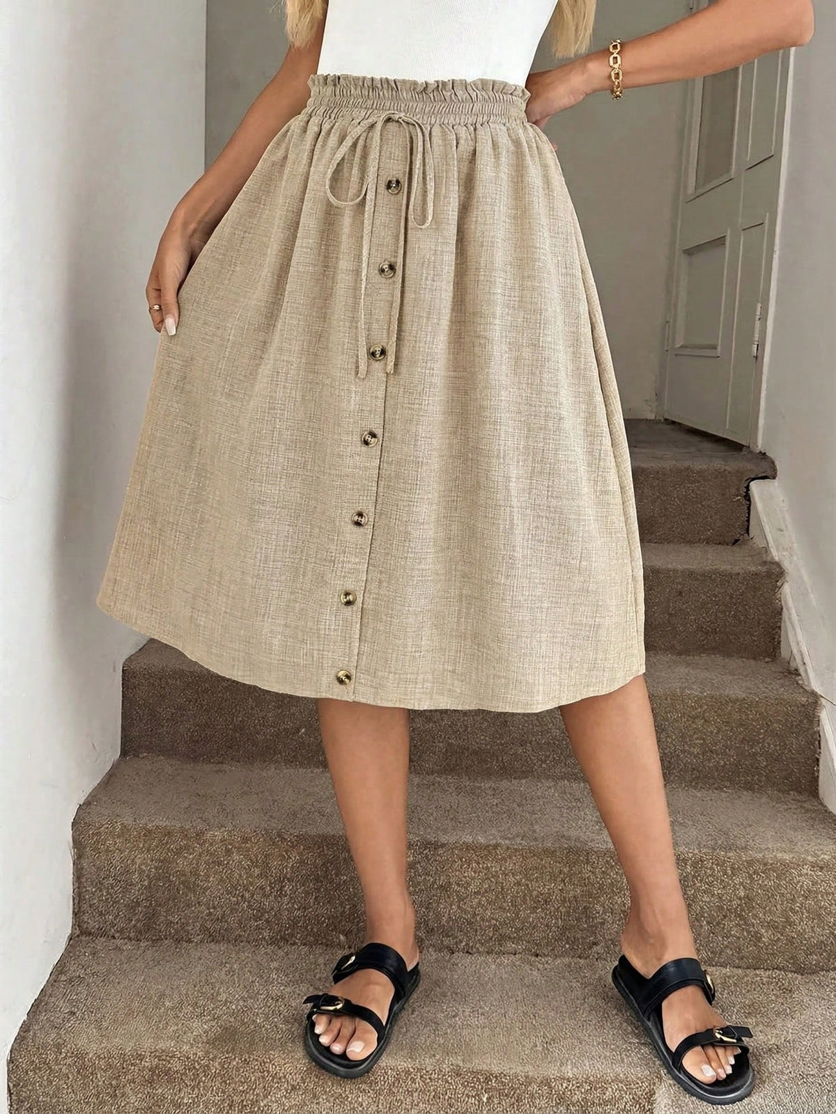 Easowa Khaki Summer Casual Vacation Holiday A-Line Skirt, Loose Fit Women Vacation Skirt New
