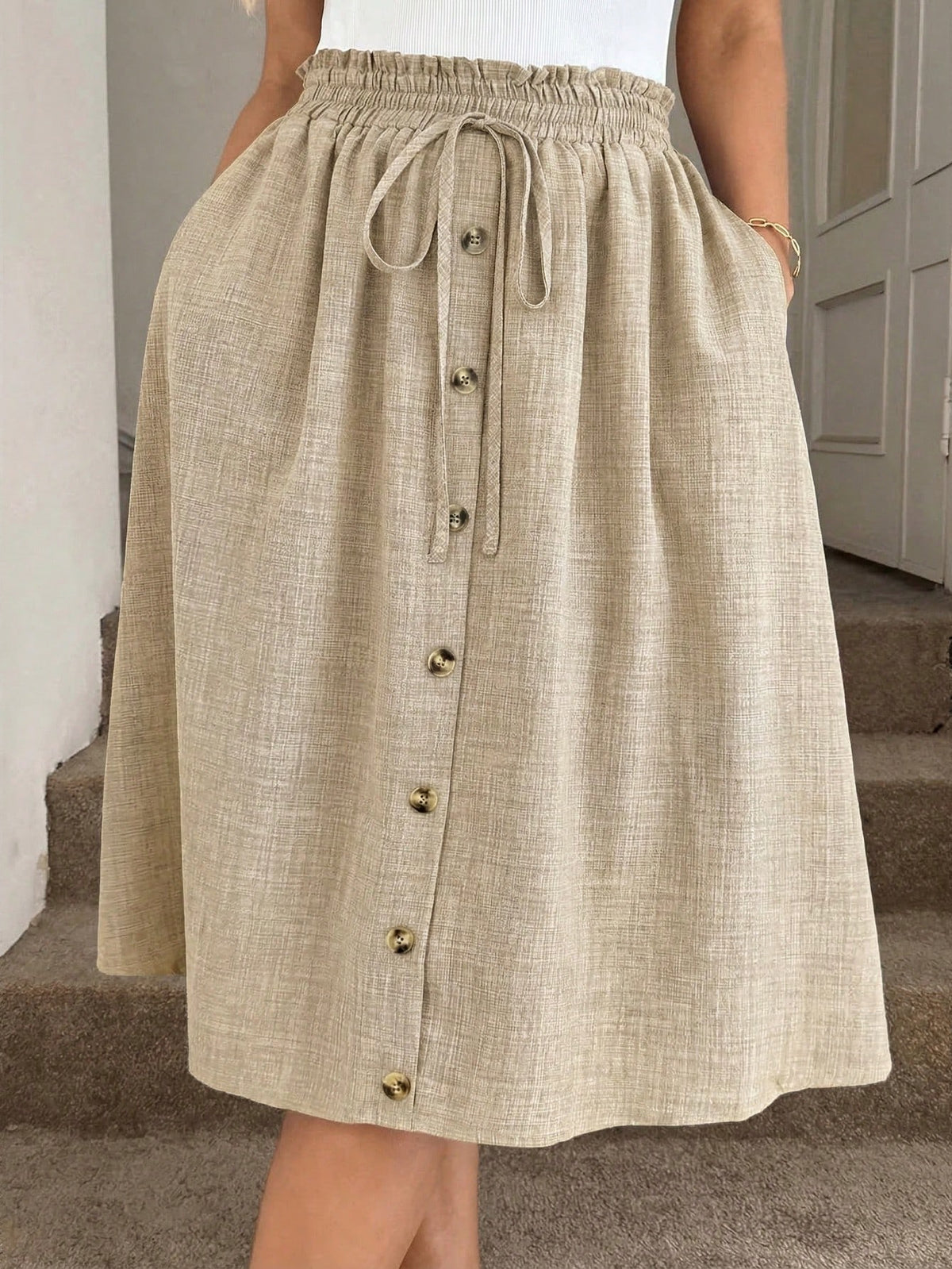 Easowa Khaki Summer Casual Vacation Holiday A-Line Skirt, Loose Fit Women Vacation Skirt New