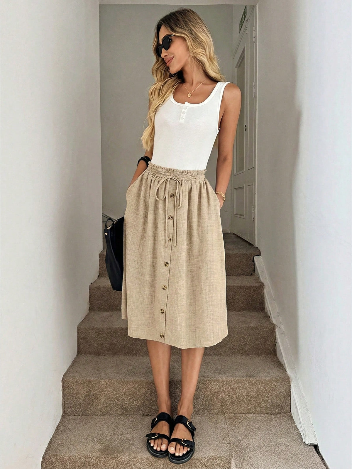 Easowa Khaki Summer Casual Vacation Holiday A-Line Skirt, Loose Fit Women Vacation Skirt New