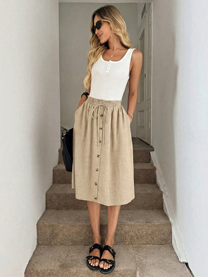 Easowa Khaki Summer Casual Vacation Holiday A-Line Skirt, Loose Fit Women Vacation Skirt New