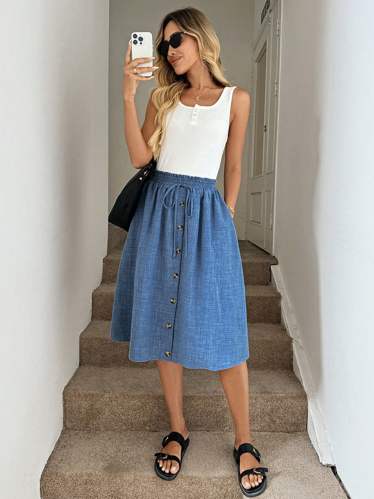 Easowa Khaki Summer Casual Vacation Holiday A-Line Skirt, Loose Fit Women Vacation Skirt New