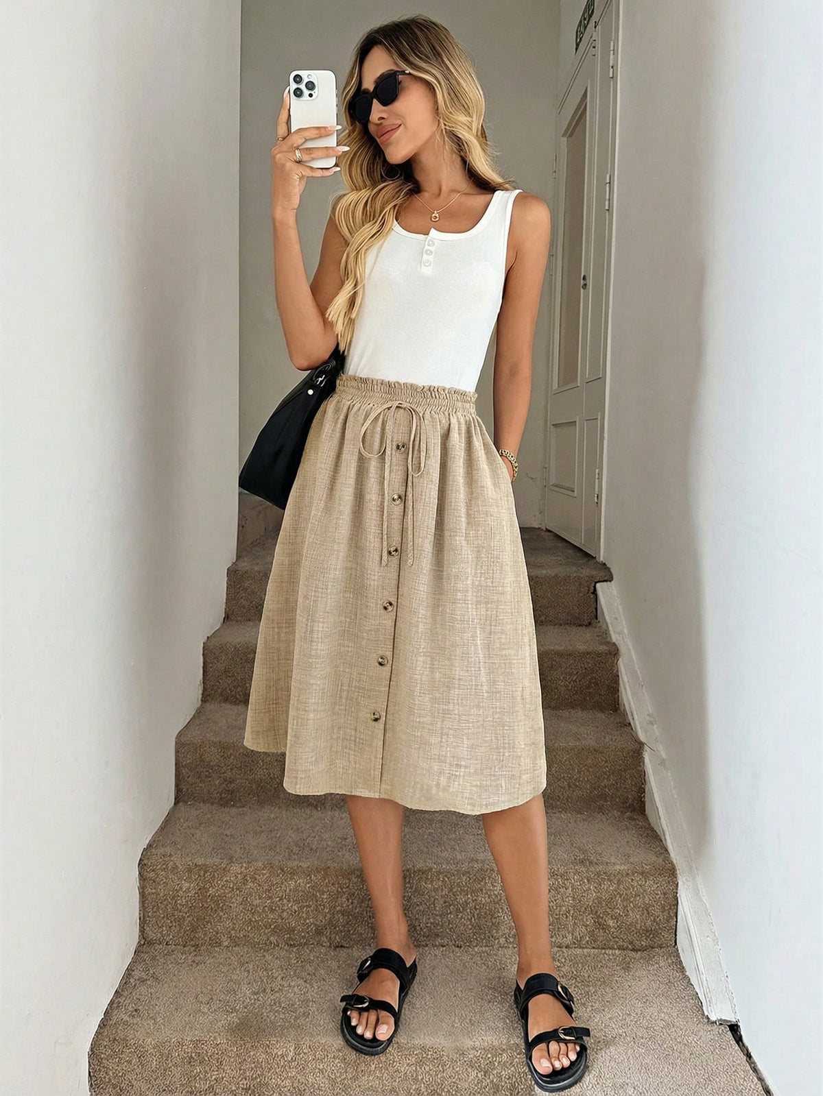 Easowa Khaki Summer Casual Vacation Holiday A-Line Skirt, Loose Fit Women Vacation Skirt New