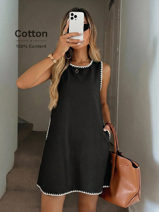 Easowa Round Neck Diagonal Pocket Embroidered Contrast Trim Sleeveless A-Line Dress, 100% Cotton Traceable Cotton Comfortable Fabric, Casual Relaxed Elegant Commute Old Money Style Vacation Spring Sum
