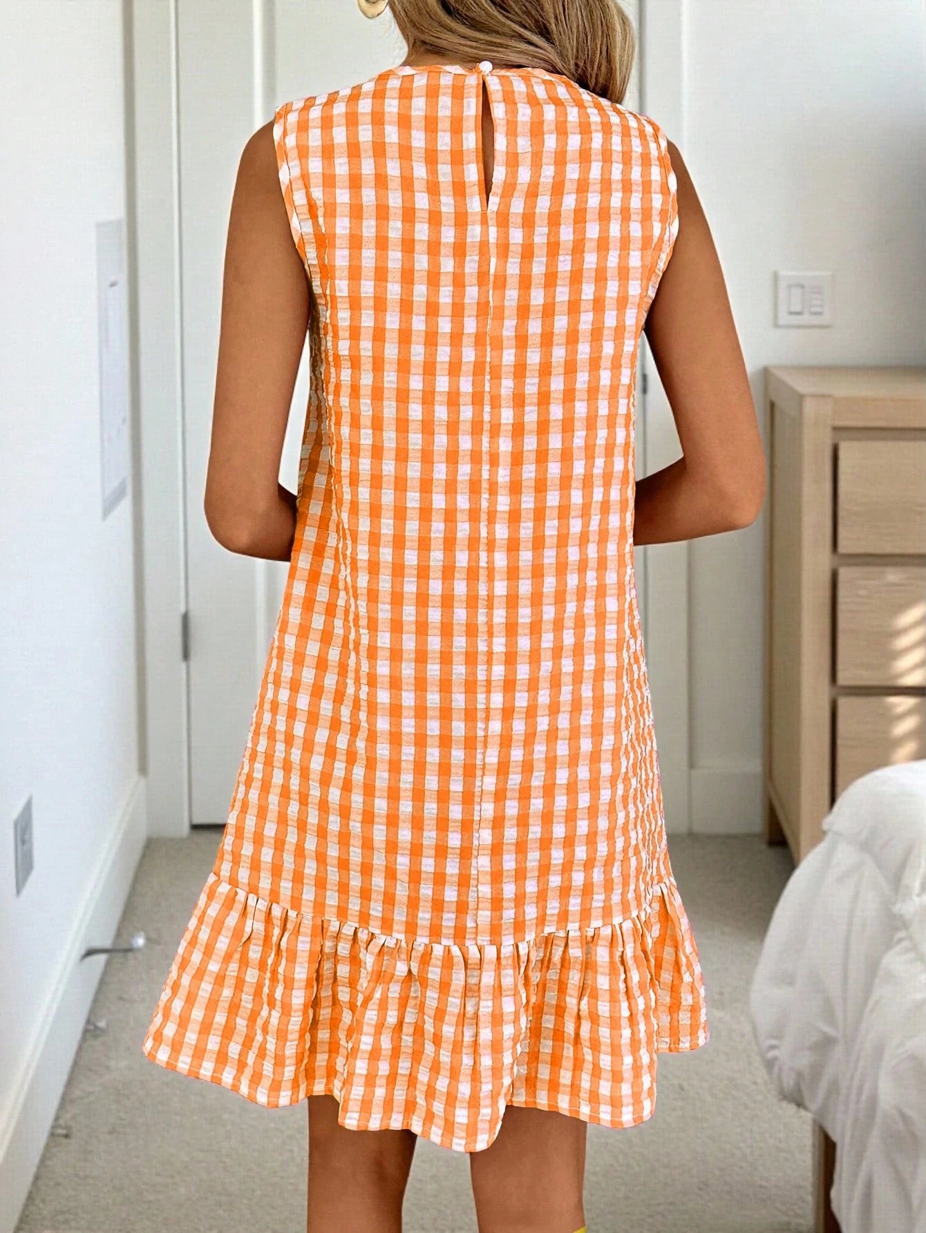 Easowa Women's Bohemian Casual Cute Style Orange And White And Plaid Round Neck Sleeveless A-Line Holiday Dress Summer Boho Vacation Sundress Daily Wear
