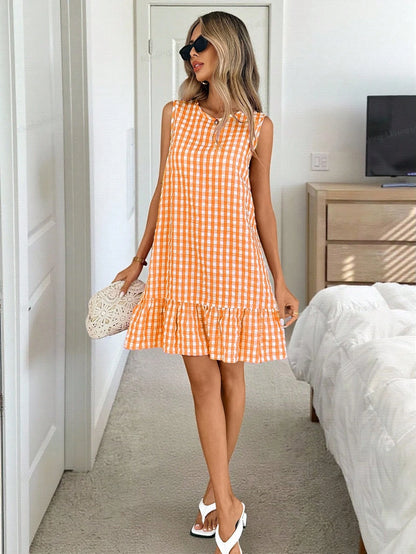 Easowa Women's Bohemian Casual Cute Style Orange And White And Plaid Round Neck Sleeveless A-Line Holiday Dress Summer Boho Vacation Sundress Daily Wear
