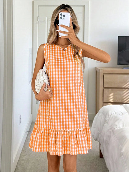 Easowa Women's Bohemian Casual Cute Style Orange And White And Plaid Round Neck Sleeveless A-Line Holiday Dress Summer Boho Vacation Sundress Daily Wear