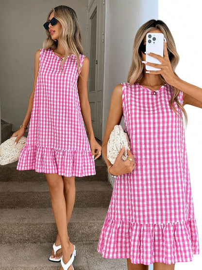 Easowa Women's Bohemian Casual Cute Style Orange And White And Plaid Round Neck Sleeveless A-Line Holiday Dress Summer Boho Vacation Sundress Daily Wear
