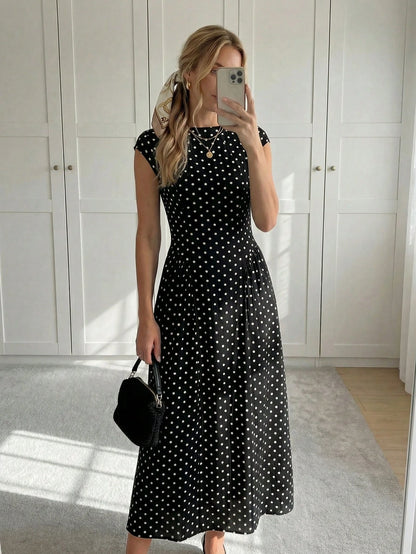 Easowa Women's Polka Dot Pattern Round Neck Cap Sleeve Elegant Mid-Length Dress Polka Dots Long Dress Women Dress Long Dress Black Dot Dress Dress Outfit
